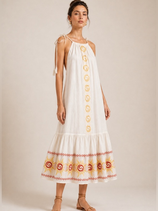 Devotion TWINS Dresses & Skirts - Devotion Twins Athens Embroidered Cotton Midi Dress | Sun Motif Boho Resort M/L